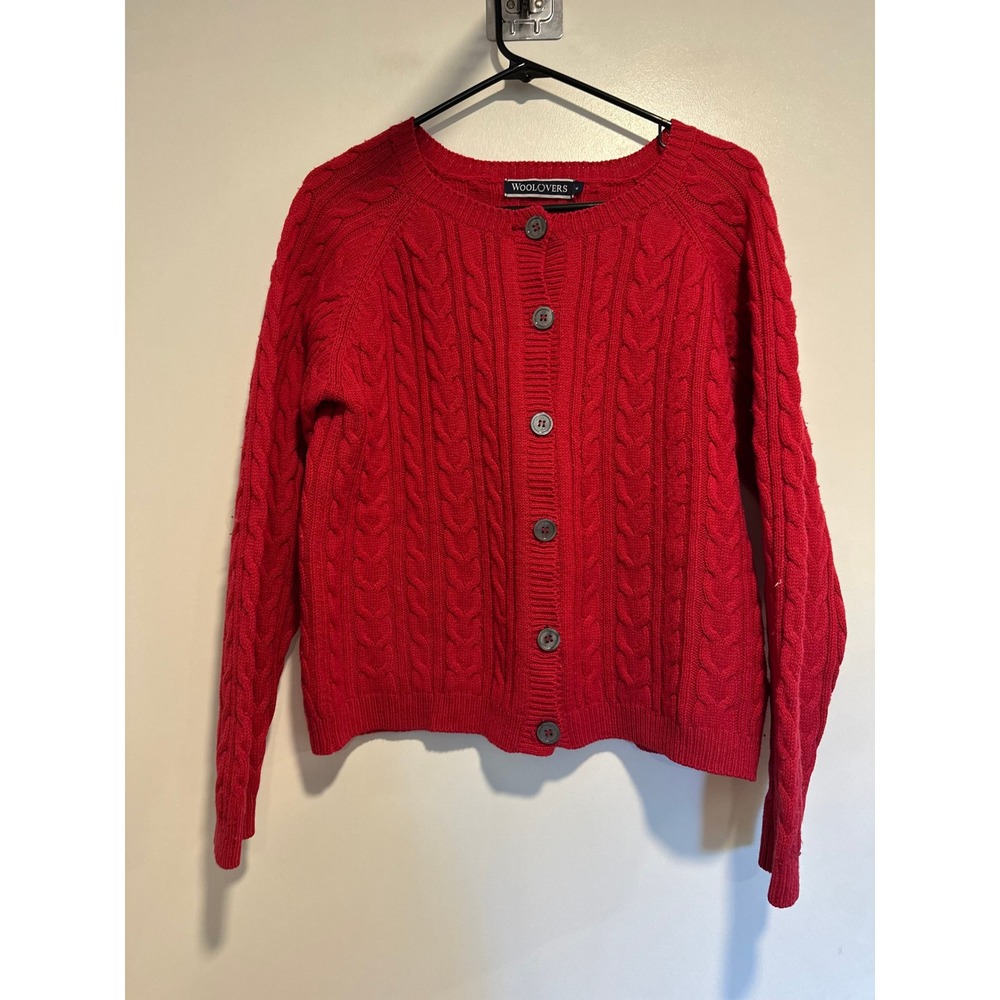 VTG WoolOvers Classic Cable Knit Cardigan Sz:M Red Button Front 100% Wool